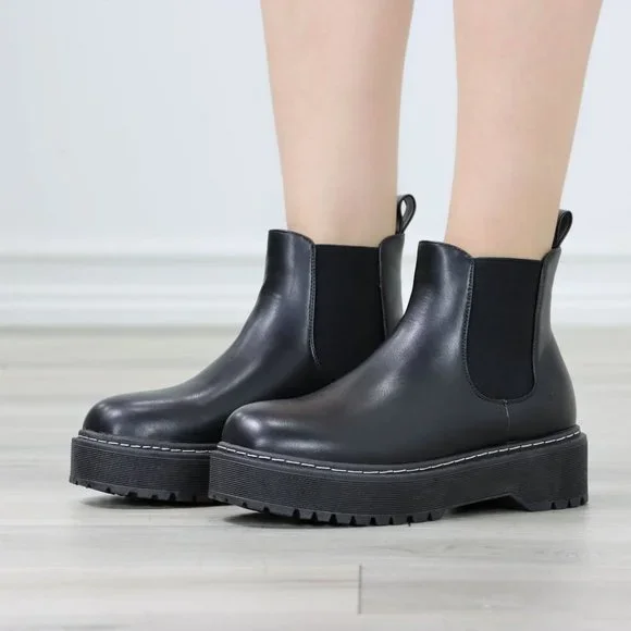 Womens Combat Boots Slip On Platform Chelsea Bootie Chunky Lugged Sole - Picture 6 of 13